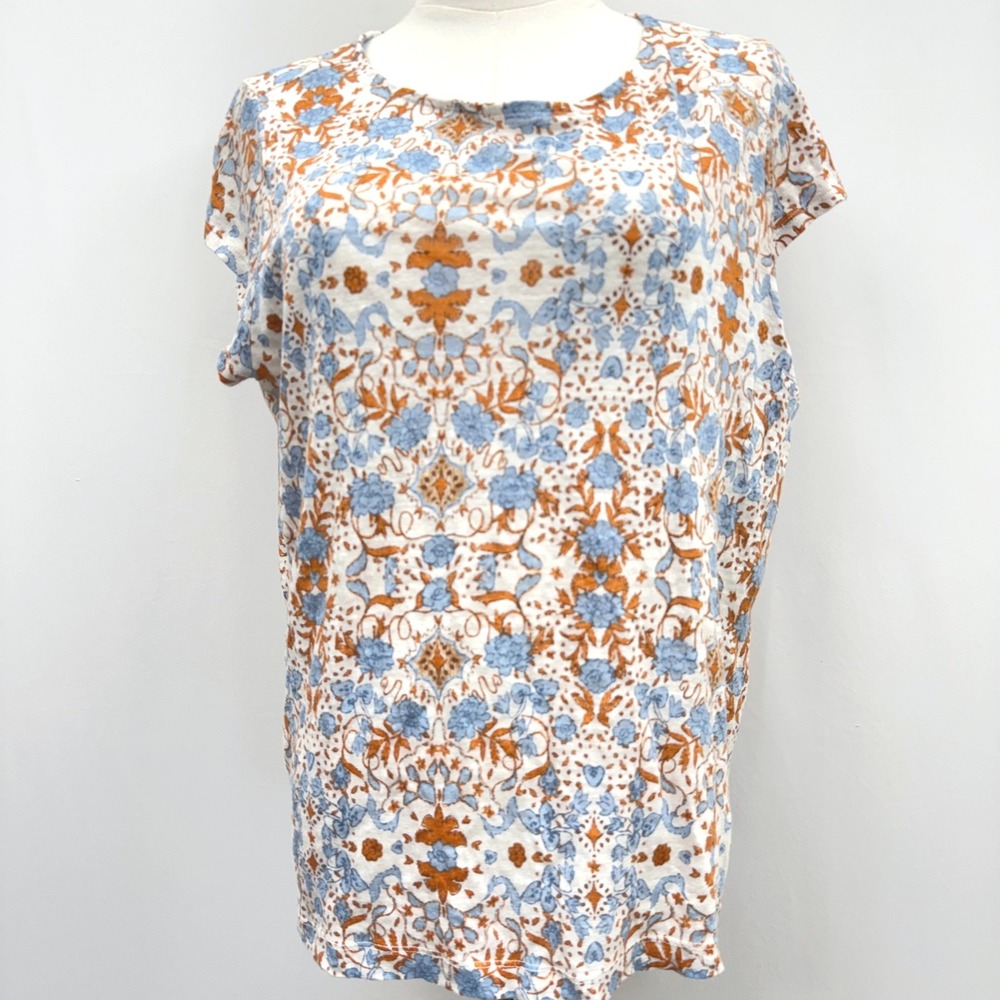 Rachel Zoe Womens Large 100% Linen Floral Damask Cap Sleeve Knit Top Blue Orange
